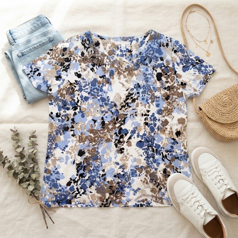 JM Collection Petite XL Blue Brown Abstract Floral Quilted Texture Blouse Top